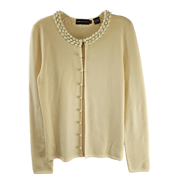 Dana Buchman Beaded Sweater Cardigan Large Ivory Wool Long Sleeve - Picture 1 of 9